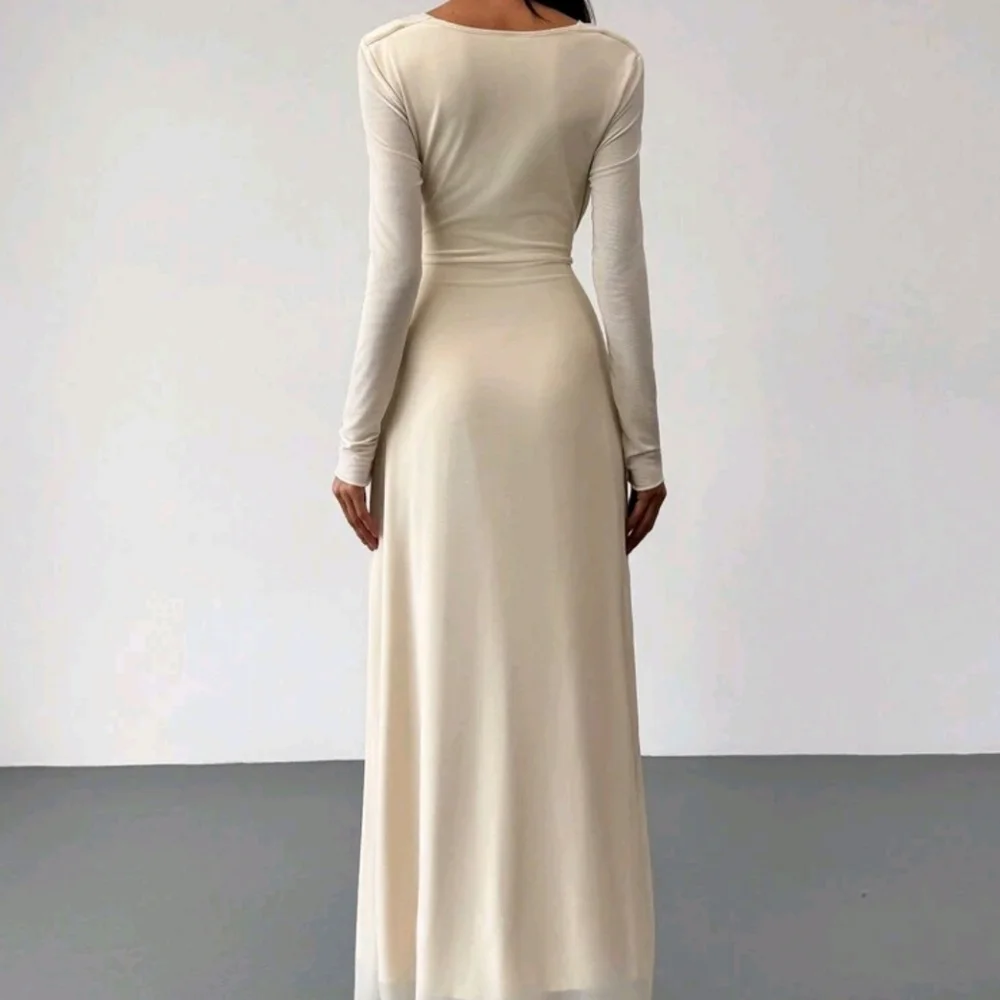 Long Sleeve Skin-Tight Mesh Apricot Color Dress - Picture 3 of 5